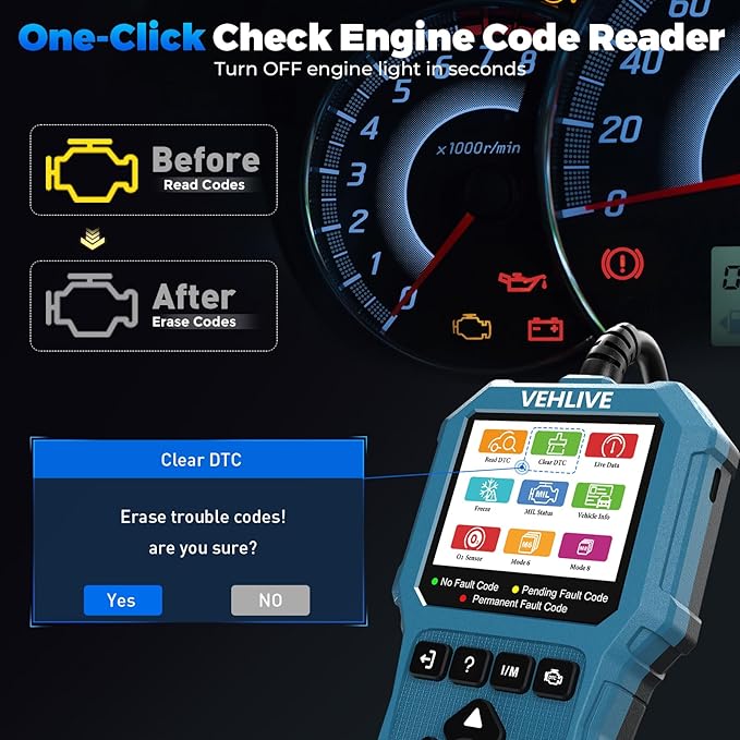 OBD2 Scanner Diagnostic Tool, Check Engine Light Car Code Reader with Reset, Battery Tester, Live Data, Freeze Frame, I/M
