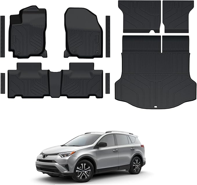 Floor Mats for Toyota RAV4 Gas 2013-2018, All Weather Floor Mats Trunk Cargo Liner with Backrest Protectors and Door Sill Guards Accessories, Full Coverage Set