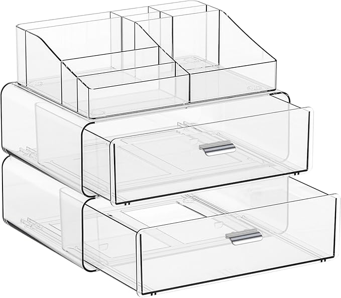 Yieach 3 Tier Clear Acrylic Makeup Organizers with Drawers,Tiered Countertop Make up Storage Organizer for Dresser Top and Ba