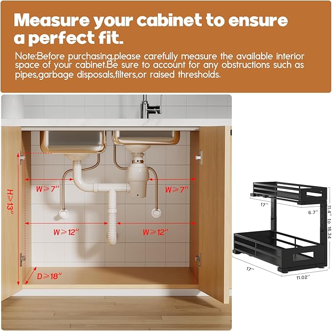 2-Pack 17"Deep Under Sink Organizer And Storage, 2-Tier L-Shaped Pull Out Cabinet Organizer with Upgraded Slide Rails, Height