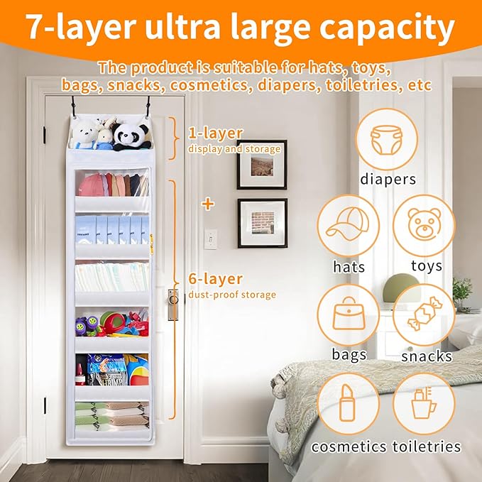 Toread 7-Layer Door-Mounted Baseball Cap Organizer, Dust-Proof Hat Rack Holds 90 Hats, Adjustable Non-Slip Hooks, Multi-Purpo