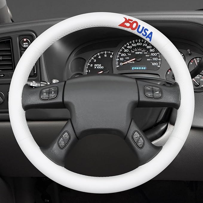 MEWANT USA 250th Anniversary Embroidered Hand Stitch Steering Wheel Cover for Chevy Silverado 1500 2003-2006 1500 Classic 2007 2500HD Classic 3500 White Faux Leather Steering Wheel Wrap