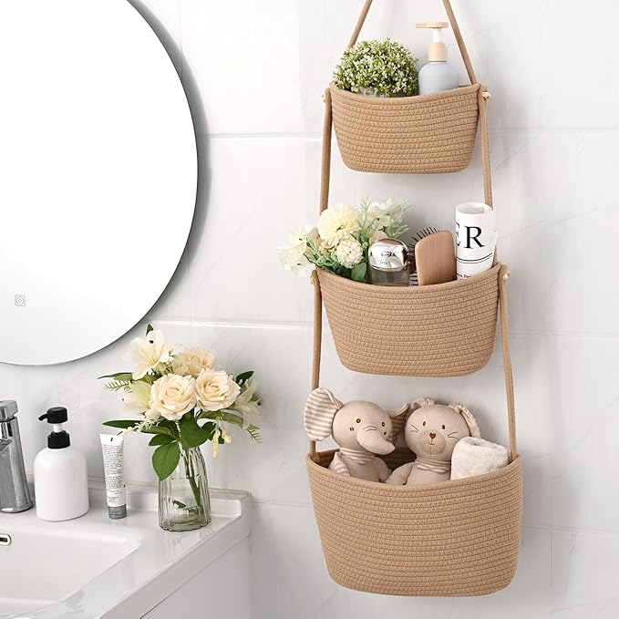 Hanging Storage Baskets, Over the Door Basket, Cotton Wall Baskets Storage, Hanging Door Basket with 4 Hooks