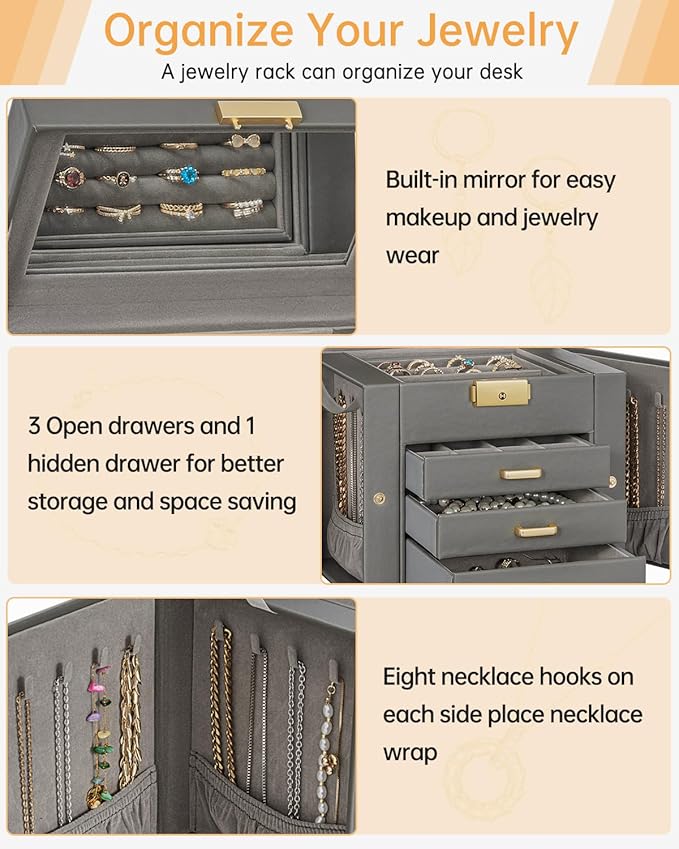 AKOZLIN 4-Tier Jewelry Box Leather Jewelry Storage Organizer with 3 Drawers Lockable for Women Girls Ring Necklace Earring Br