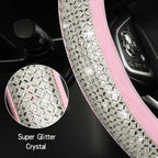 Bling Diamond Leather Steering Wheel Cover, Pink Steering Wheel Covers for Women Girls with Crystal Rhinestones, Universal Fit 14.5“-15" Car Steering Wheel Bling Cover Accessories