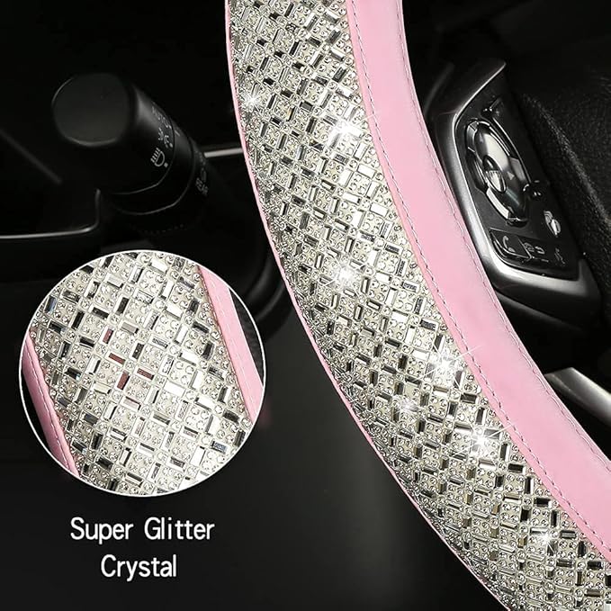 Bling Diamond Leather Steering Wheel Cover, Pink Steering Wheel Covers for Women Girls with Crystal Rhinestones, Universal Fit 14.5“-15" Car Steering Wheel Bling Cover Accessories