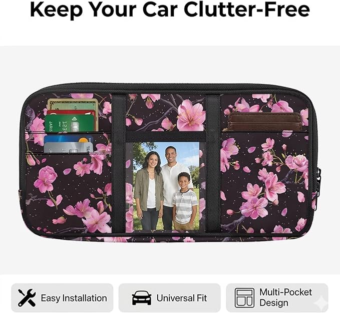 Cherry Blossom Car Visor Organizer for Women Car Visor Storage Pouch Holder Auto Interior Accessories Pocket Cars Truck SUV Storage Pouch Holder, with Multi-Pocket and Zipper