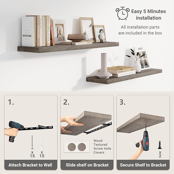 Vivelove Elm Floating Shelves for Wall Solid Wood, 24 Inches Long Rustic Wall Shelf with Invisible Bracket for Living Room Be
