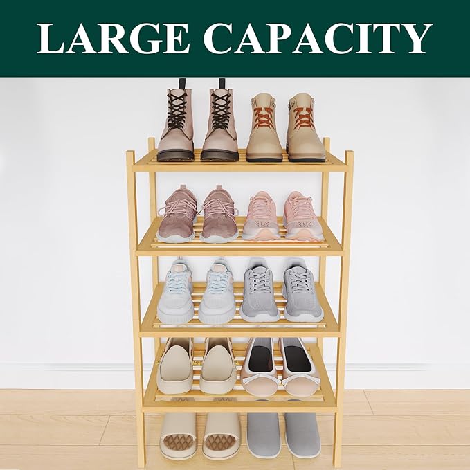 Smiry Small Bamboo Shoe Rack 4-Tier, Stackable Wooden Shoe Organizer for Entryway & Closet, Free Standing Wood Shoe Storage S