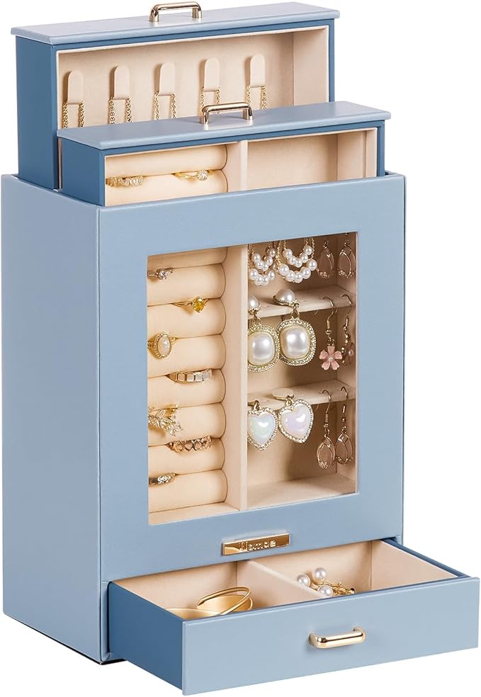 Homde Jewelry Organizer Girls Women Jewelry Box for Necklaces Rings Earrings Gift Bracelets Storage Case (Grey Blue + Gold)