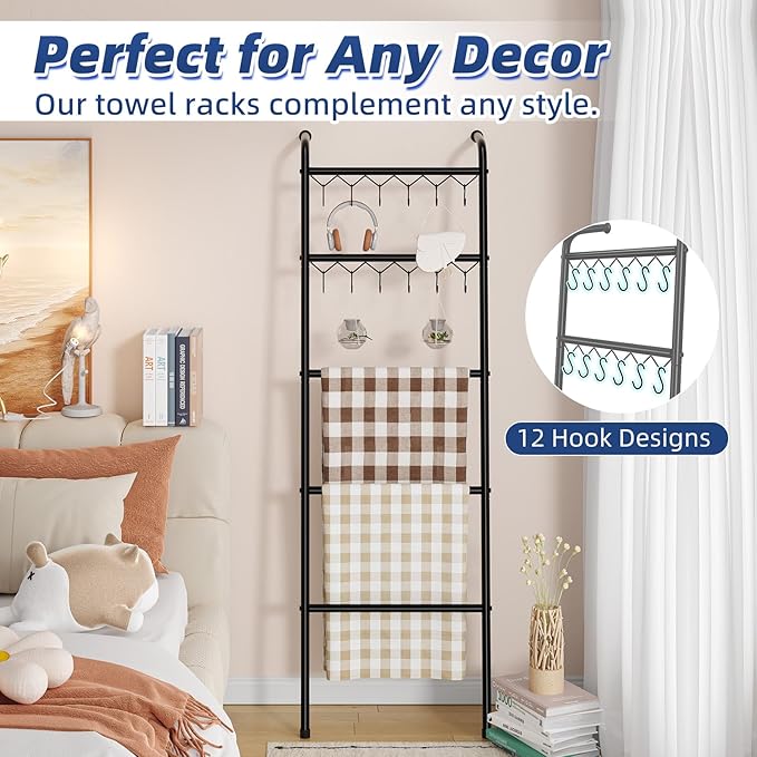 Simple Trending Blanket Ladder，5 Tier Metal Towel Rack with 12 Hooks, 79'' Metal Style Decorative Ladder for The Living Room 