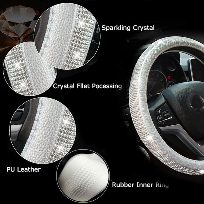 New Diamond Leather Steering Wheel Cover with Bling Bling Crystal Rhinestones, Universal Fit 15 Inch Car Wheel Protector for 