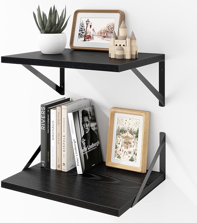 Deep Floating Shelves Wall Mounted, 16"x12" Black Wall Shelves with Brackets Set of 2 for Bedroom, Living Room, Bathroom, Kit