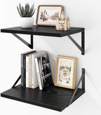 Deep Floating Shelves Wall Mounted, 16"x12" Black Wall Shelves with Brackets Set of 2 for Bedroom, Living Room, Bathroom, Kit