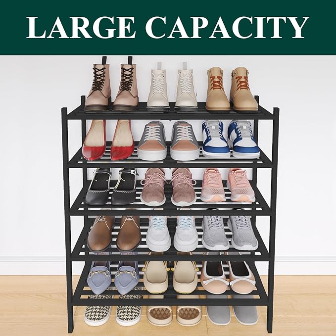 Smiry Bamboo Shoe Rack 5-Tier, Stackable Wooden Shoe Organizer for Entryway & Closet, Free Standing Wood Shoe Storage Shelf f