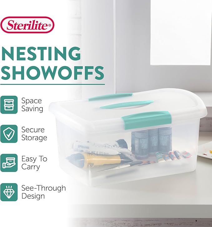Sterilite Medium Nesting ShowOffs, Stackable Small Storage Bin with Latching Lid and Handle, Plastic Container to Organize Ho