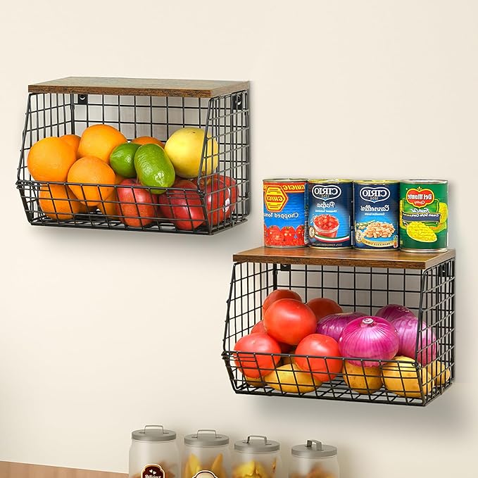 Wetheny 2pcs Fruit Basket Onion Storage Wire Basket with Wood Top- Wall Mounted & Stackable Kitchen Counter Organizer,Cabinet