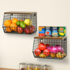 Wetheny 2pcs Fruit Basket Onion Storage Wire Basket with Wood Top- Wall Mounted & Stackable Kitchen Counter Organizer,Cabinet