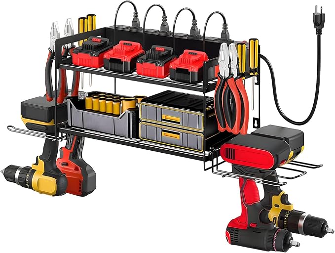Power Tool Organizer Wall Mount, 2 Layers Heavy Duty 4 Cordless Drill Holder Tool Storage Rack with 8 Power Strip Battery Cha