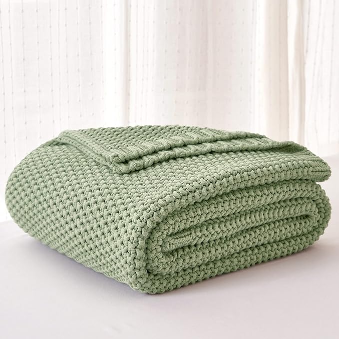 Chunky Cable Knit Throw Blanket Lightweight Light Green 100% Organic Cotton Blanket for Sofa Couch Bed Baby Nursery, Rustic S