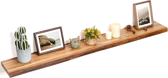 Floating Shelves for Wall Decor, Rustic Solid Elm Wood Live Edge Floating Shelves Wall Mounted, Wall Shelves with Invisible B