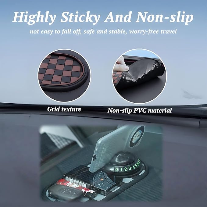 Car Dashboard Mat Kit: 360° Rotating Phone Holder, Parking Number Plate, Universal Anti-Slip Organizer Pad (Moonlight Silver)