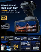 COOLCRAZY Dash Cam Front Rear - 4K+1080P Full HD Dashcam Free 64GB Card, with 5G WiFi GPS, Dual Dash Camera for Cars with 3" 