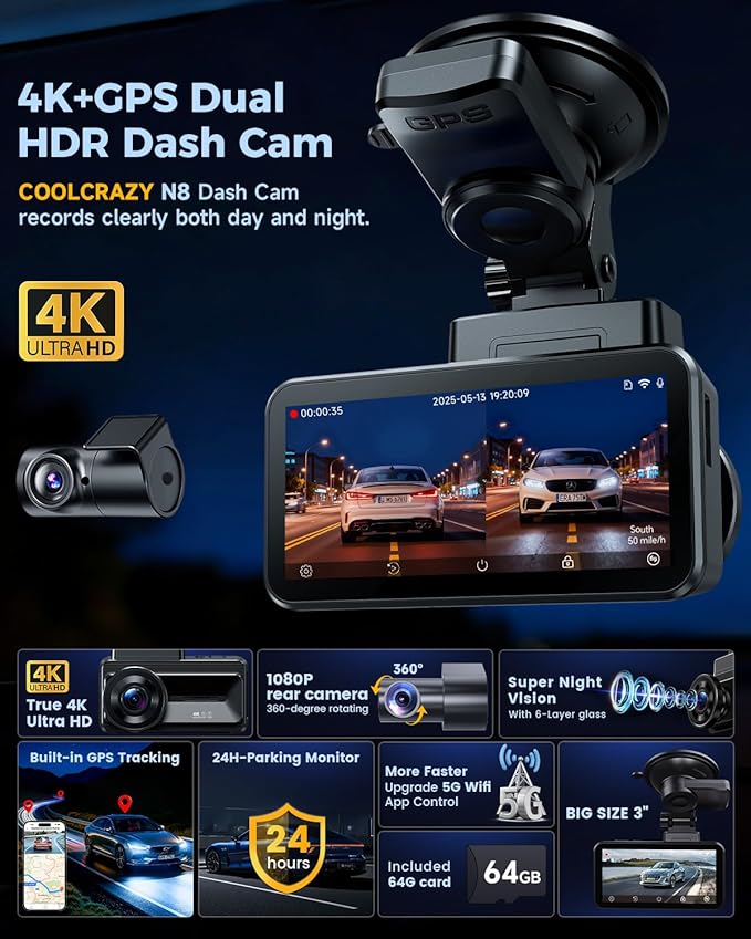 COOLCRAZY Dash Cam Front Rear - 4K+1080P Full HD Dashcam Free 64GB Card, with 5G WiFi GPS, Dual Dash Camera for Cars with 3" 