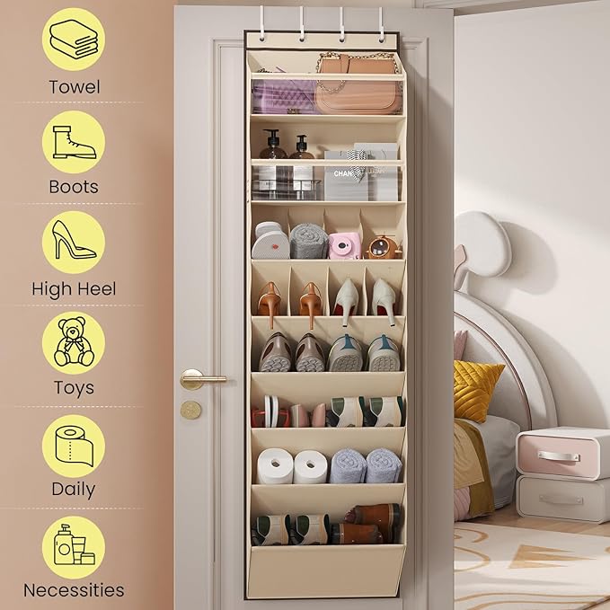 Mefirt 16-20 Pairs Over the Door Shoe Organizer, Clear Pockets Shoe Rack for Closet Door, Hanging Shoe Rack for Boots, Behind