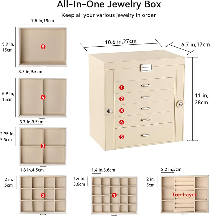Frebeauty Large Jewelry Box,6-Tier PU Leather Jewelry Organizer,Multi-functional Storage Case with Mirror,Accessories Holder 