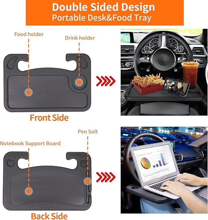 Car Steering Wheel Tray Table Food Eating Hook On Steering Wheel Desk Laptop Holder with Cell Phone Stand Car Table Laptop Tray for Eating Tablet iPad and Notebook Black