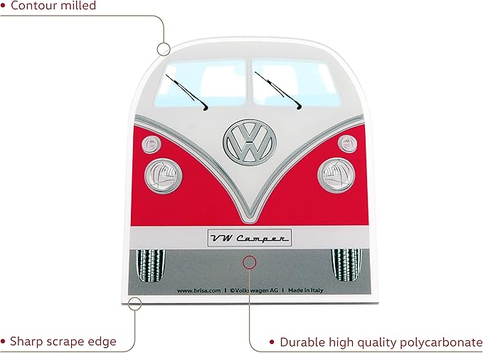BRISA VW Collection - Volkswagen Polycarbonate Ice Scraper Windshield Scraper Snow Remover Winter Car Accessory in T1 Bus Campervan Design (Front/Red)
