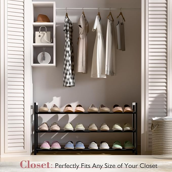 Bumusty 3-Tier Expandable Shoe Rack for Closet, 18“-33” Adjustable Shoe Rack for Small Space, Small Shoe Organizer for Front 