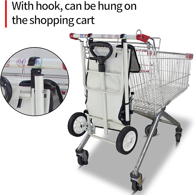 TMZ Heavy-Duty Foldable Shopping Cart with Removable Insulated Bag & Hooks - Lightweight 110 lbs Capacity Grocery Luggage Cart for Market, Travel, Laundry (Beige)