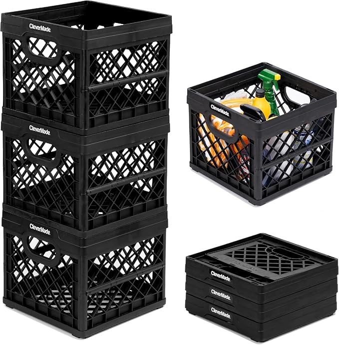 CleverMade Collapsible Milk Crate 25L (6.6 Gal) 3 Pack, 50 lb Capacity Heavy Duty Folding Crate – Stackable Storage Crates wi