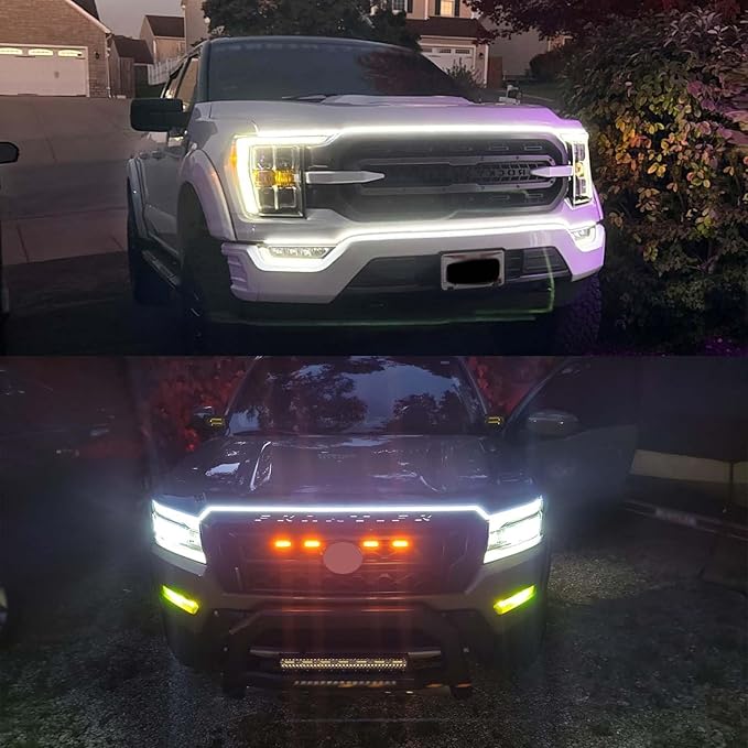 Car Hood Light Strip Exterior, 94.5 Inch DRL LED Strip Lights Waterproof IP68 Scan Start-up + White Light,Compatible with GMC Sierra 1500 2500 Chevy Silverado 1500 2500 Dodge Ram 1500