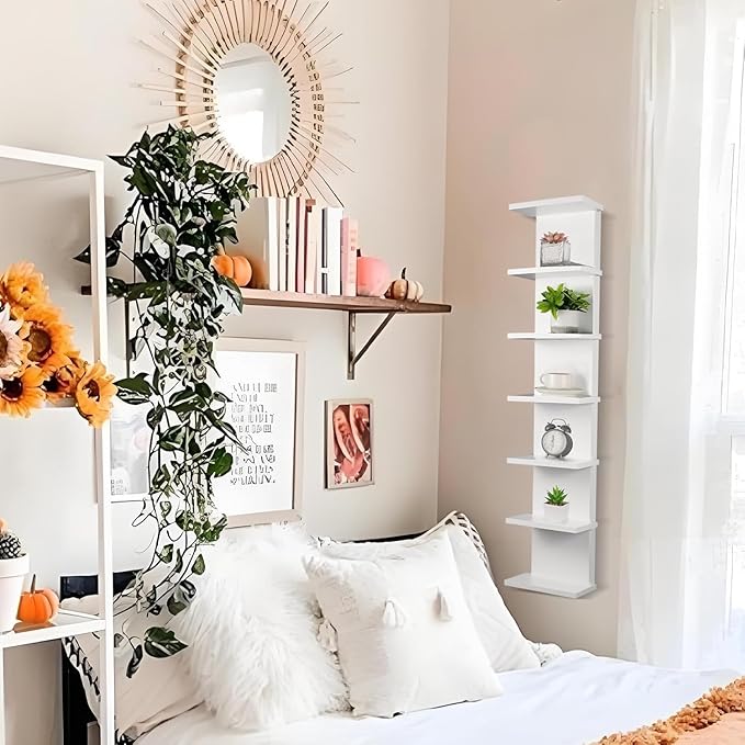 2 Pack 7 Tier Wall Shelf Unit 43" White Lack Wall Shelf Display Floating Shelves for Storage Vertical Column Tower Design Flo