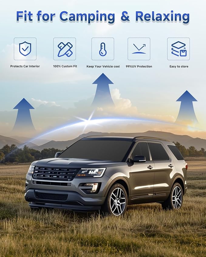 8PCS Window Shades for Ford Explorer(2011-2019) Accessories – Full Coverage Sun Shade for Side Windows, Rear Triangular & Windshield – UV Protection & Privacy for Camping, Napping, Relaxing