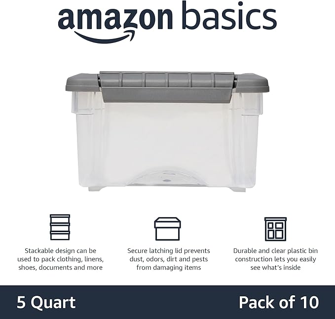Amazon Basics Plastic Storage Containers with Secure Latching Lids, Stackable Organization Bins for Organizing, Clear/Grey, 5