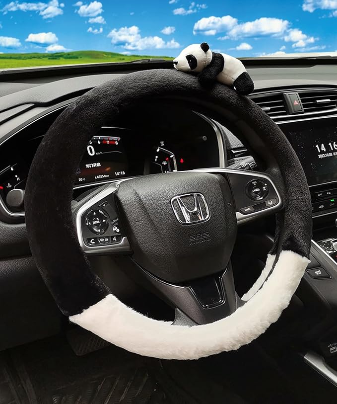 8 Pcs Cute Panda Steering Wheel Cover Set for Women Girl,Anti-Slip Lovely Cartoon Car Wheel Protector Universal 15 Inch Fit for Vehicle, Car, Auto, SUV (Black White)