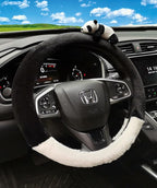 8 Pcs Cute Panda Steering Wheel Cover Set for Women Girl,Anti-Slip Lovely Cartoon Car Wheel Protector Universal 15 Inch Fit for Vehicle, Car, Auto, SUV (Black White)