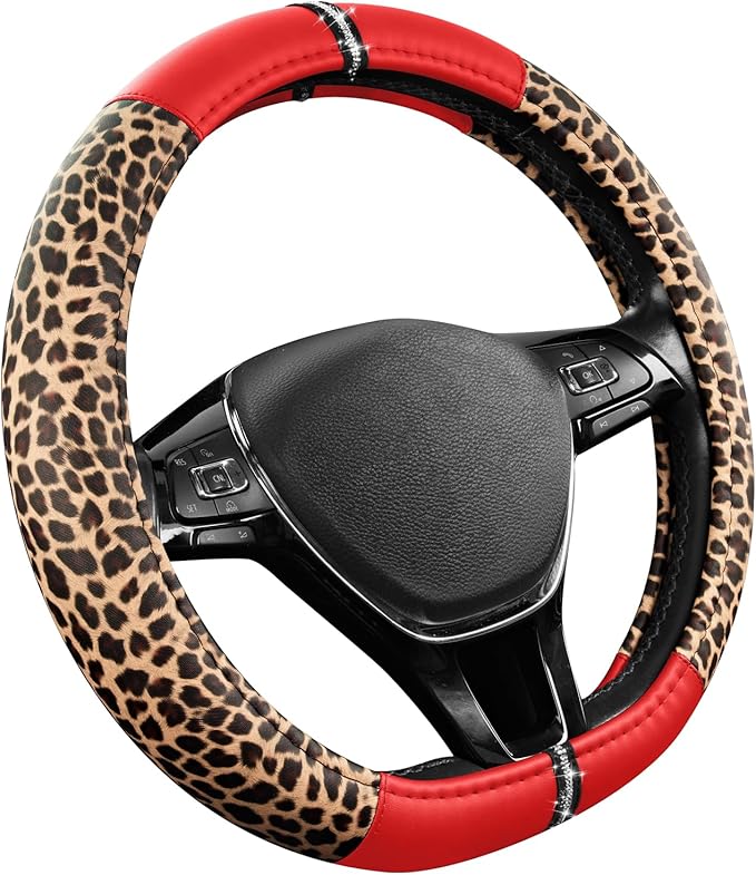 Road Comforts Leopard Steering Wheel Cover for Women, Cute Anti-Slip Microfiber Leather, Fits D Shape Flat Bottom Steering Wh