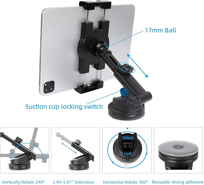 xik Universal Car Tablet Mount Holder - 2-in-1 [CD Slot + Suction Cup] Mount for Windshield, Dashboard, CD Player - Secure Stand for iPad & All Tablets 4.7" to 12.9"