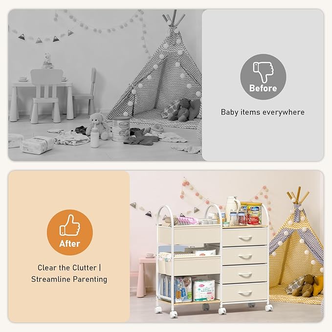Baby Organizer and Storage Cart, 4-Tier Rolling Utility Cart with Wheels, Dividers and Drawers, Easy to Assemble for Nursery,