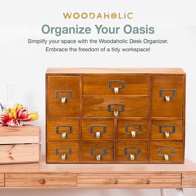 12-Drawer Apothecary Cabinet - Index Card Organizer - Vintage Chest of Drawers - Mahogany Wooden Organizer - Office Desktop D