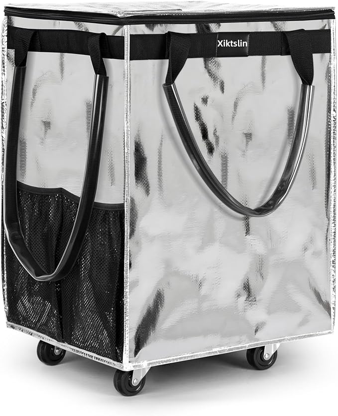 (Large,Silver) Reusable Grocery Bag on 5 Wheels, Foldable Rolling Tote Carries Up to 76lb Shopping Trolley, Rolling Bag with 3 Handles, Zipper Clouser Rolling Tote Bag with Wheels for Laundry