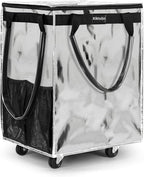 (Large,Silver) Reusable Grocery Bag on 5 Wheels, Foldable Rolling Tote Carries Up to 76lb Shopping Trolley, Rolling Bag with 3 Handles, Zipper Clouser Rolling Tote Bag with Wheels for Laundry