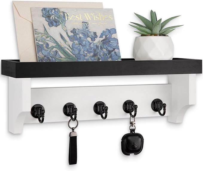 Key and Mail Holder Wall Mount, Key Holder with Shelf and Mail Organizer Wall Mount. Mail Holder with 5 Hooks for Coat, Dog L