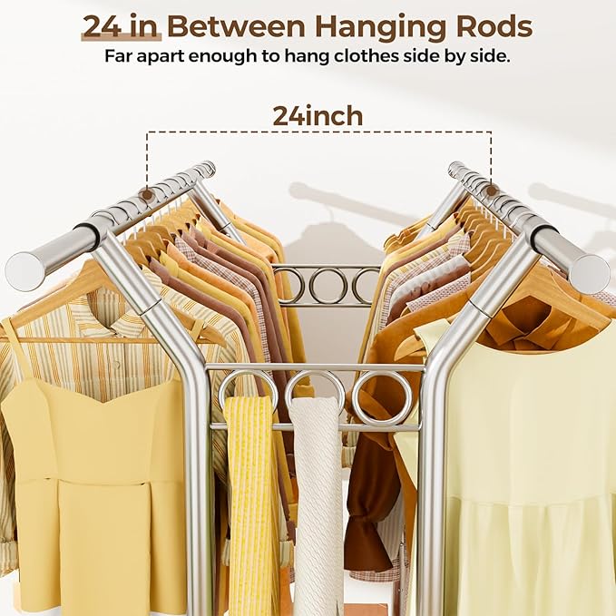 HYSEYY Heavy Duty Clothes Rack, Rolling Clothing Rack With Shelves Load 620 LBS, Double Rod Clothing Racks for Hanging Clothe