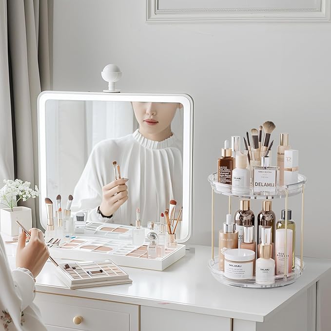 Delamu Rotating Makeup Organizer for Vanity, 2 Tier Skincare Organizer for Bathroom Counter, Spinning Perfume Organizer Cosme